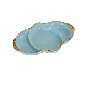 Fire King Delphite Serving Tray 11" long 3-section plate gold trim vtg midcentur